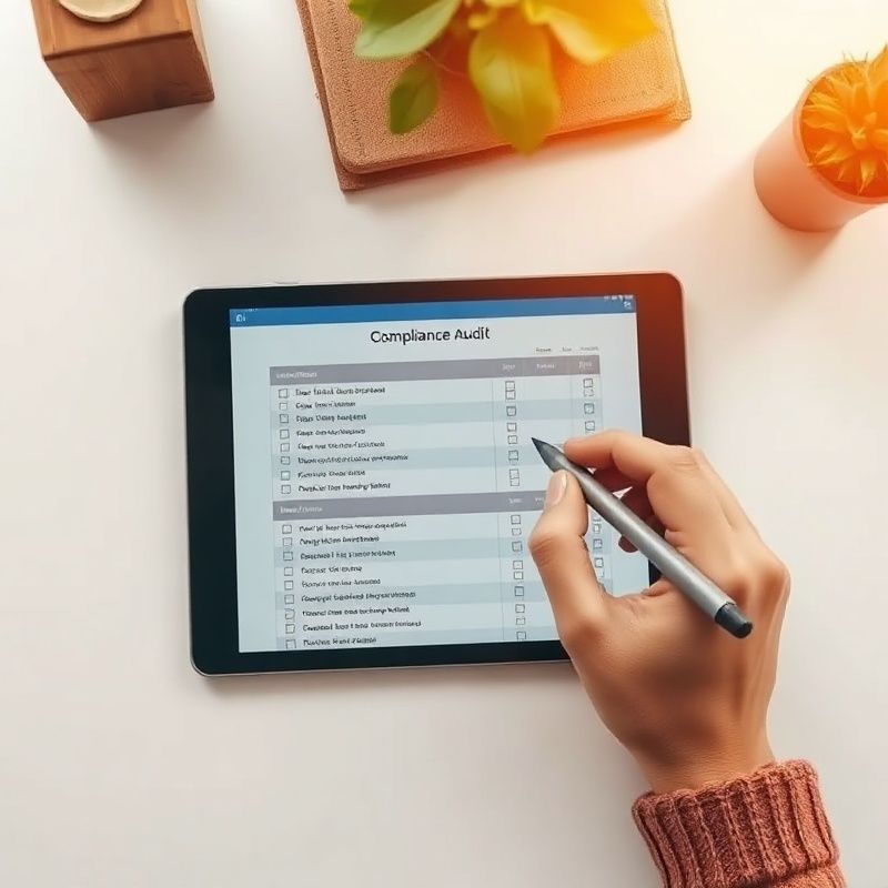 Audit de conformitate în progres pe o tabletă cu interfață digitală indigo